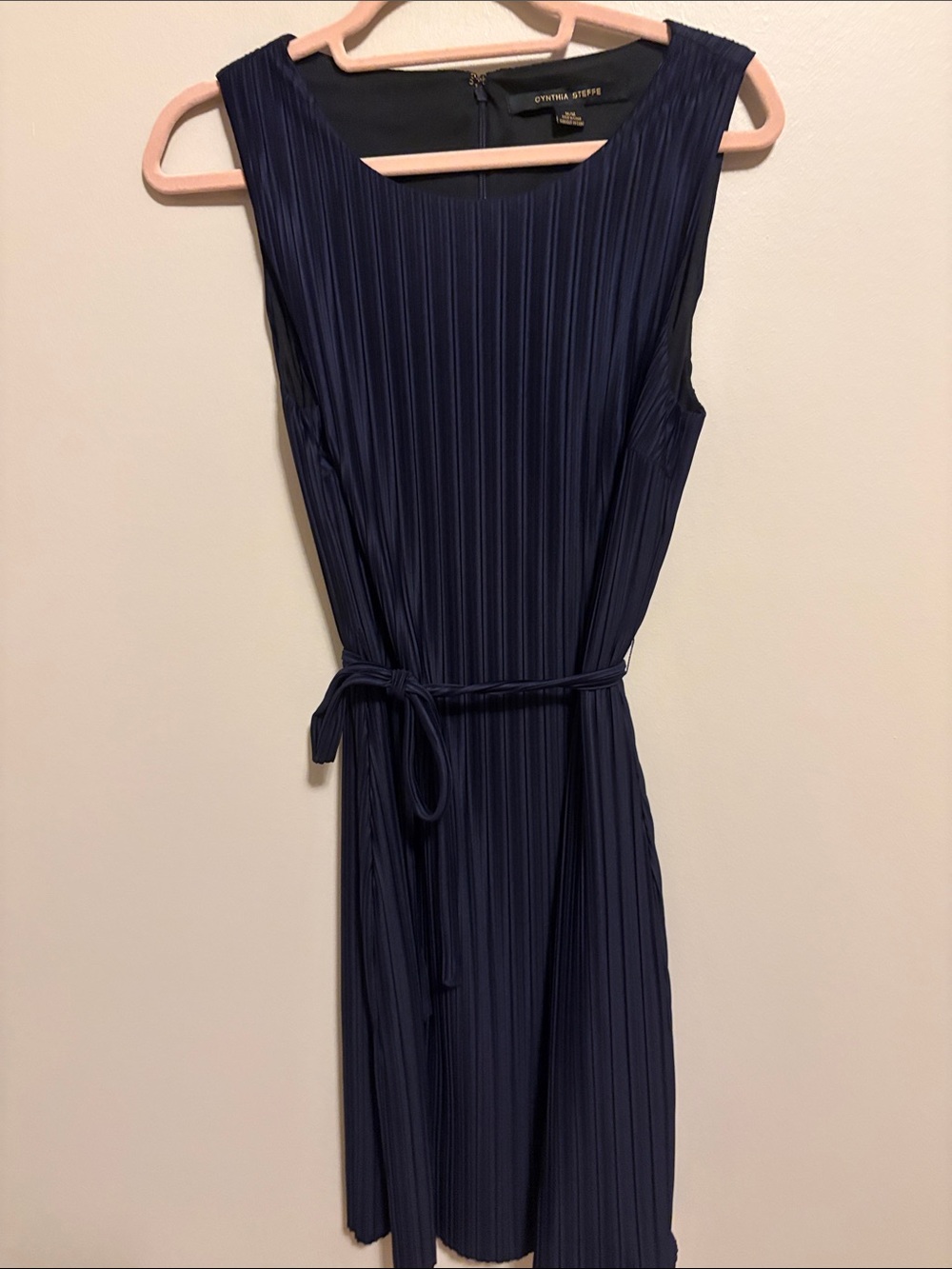 Cynthia Steffe Navy Sleeveless Pleated Belted Dress